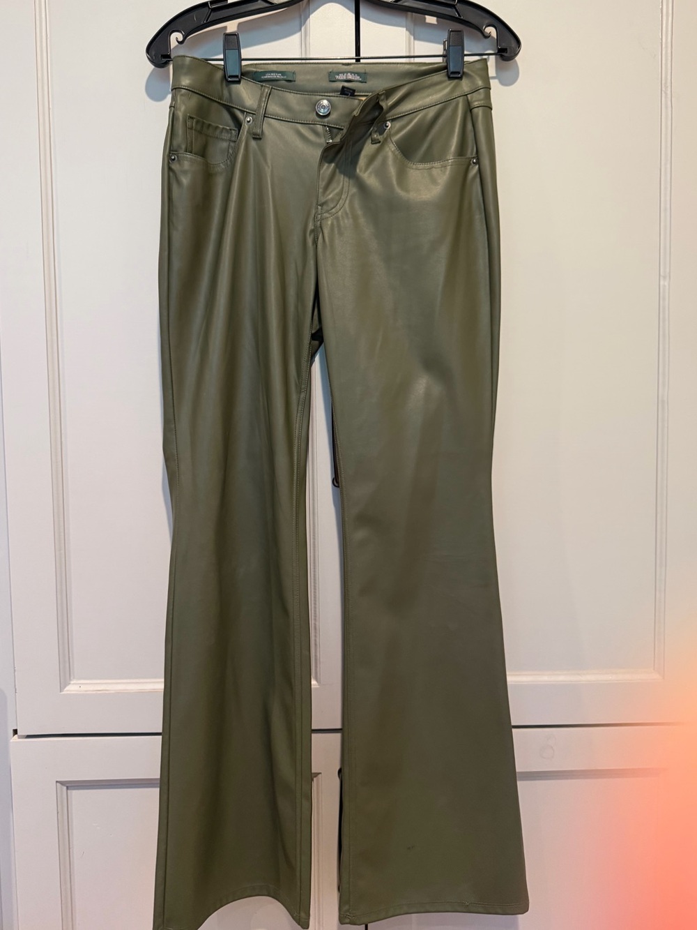 Olive Green Women's Faux Leather Flare Jeans